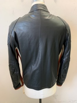 Mens, Leather Jacket, WILSONS, Black, Terracotta Brown, Ecru, Leather, Color Blocking, M, Motorcycle, Zip Front, Collar Band, 2 Zip Pockets, Ribbed Underarm, Zip Cuffs