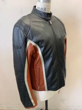 Mens, Leather Jacket, WILSONS, Black, Terracotta Brown, Ecru, Leather, Color Blocking, M, Motorcycle, Zip Front, Collar Band, 2 Zip Pockets, Ribbed Underarm, Zip Cuffs