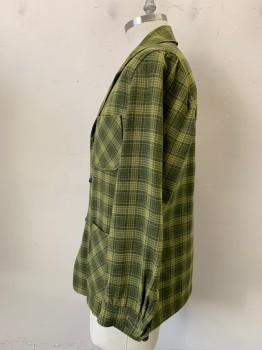 Mens, Jacket, PENDELTON, Olive Green, Lime Green, Avocado Green, Wool, Plaid, C 42, L, 3 Patch Pockets, 3 Buttons, Cuffs