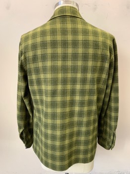Mens, Jacket, PENDELTON, Olive Green, Lime Green, Avocado Green, Wool, Plaid, C 42, L, 3 Patch Pockets, 3 Buttons, Cuffs