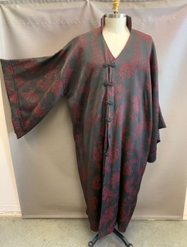 Unisex, Sci-Fi/Fantasy Robe, N/L MTO, Black, Red Burgundy, Polyester, Asian Inspired Theme, Floral, C<54, Chinese/Southeast Asian Inspired, Brocade, Long, Wide Sleeves, Floor Length, Black Frog Closures at Front, V-neck with Stand Collar, No Lining, Made To Order