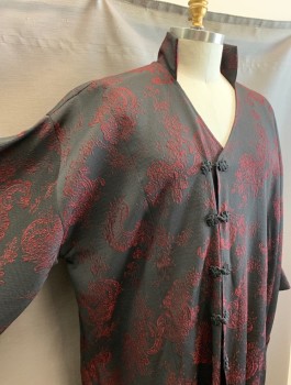 N/L MTO, Black, Red Burgundy, Polyester, Asian Inspired Theme, Floral, Chinese/Southeast Asian Inspired, Brocade, Long, Wide Sleeves, Floor Length, Black Frog Closures at Front, V-neck with Stand Collar, No Lining, Made To Order