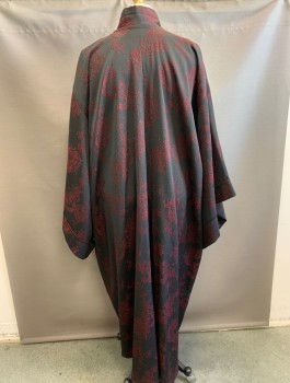 Unisex, Sci-Fi/Fantasy Robe, N/L MTO, Black, Red Burgundy, Polyester, Asian Inspired Theme, Floral, C<54, Chinese/Southeast Asian Inspired, Brocade, Long, Wide Sleeves, Floor Length, Black Frog Closures at Front, V-neck with Stand Collar, No Lining, Made To Order