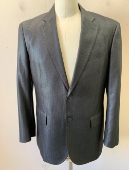Mens, Sportcoat/Blazer, TESSORI, Iridescent Gray, Black, Rayon, Polyester, Stripes - Pin, Sharkskin Weave, 40R, Single Breasted, Notched Lapel, 2 Buttons, 3 Pockets, Oversized Fit