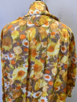 Womens, Coat, SCHIAPARELLI, Multi-color, Yellow, Orange, Gray, Silk, Floral, B <42", Watercolor Flowers Pattern, Oversized Swing Coat, Round Neck with No Lapel or Collar, L/S, 5 Black Buttons with Gold Dot at Center, Self Tie Scarf Attached Around Shoulders, Ankle Length