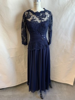 TERI JON , Navy Blue, Polyester, Rayon, Illusion Neckline, Lace on Upper Bodice, Attached Pleated Sash with Navy Rhinestone Cluster on Left Front, Peplum Waist, 3/4 Sleeve, Zip Back