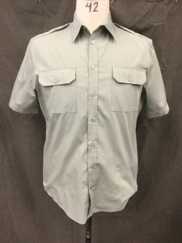 TILLEY, Sage Green, Cotton, Polyester, Solid, Button Front, Collar Attached, Short Sleeves, Epaulets, 2 Flap Pockets