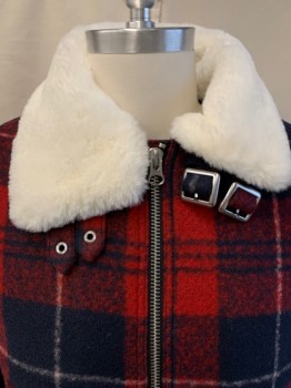 H&M, Navy Blue, Red, White, Polyester, Plaid, Fake Fur C.A with 2 Buckle Closing., Zip Front, 2 Pockets