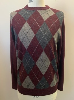 DOCKERS, Red Burgundy, Charcoal Gray, Blue-Gray, Acrylic, Argyle, L/S, Crew Neck
