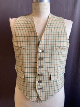Mens, Vest, DUNN & CO., Almond, Orange, Blue, Terracotta Brown, Wool, Plaid - Tattersall, 40, Single Breasted, 6 Pearlized Buttons, 4 Pockets, Solid Sage Satin Back with Self Attached Waist Belt, 1980's Does 1920's Retro,