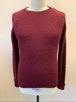 ZARA MAN, Maroon Red, Acrylic, Wool, Solid, L/S, CN, Large Knit