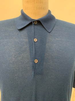John Smedley, Teal Blue, Cotton, Solid, S/S, Collar attached, 3 Buttons