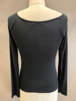 RAG & BONE, Black, Rayon, Polyester, Solid, Lightweight Knit, Long Raglan Sleeves, Wide Scoop Neck, Fitted