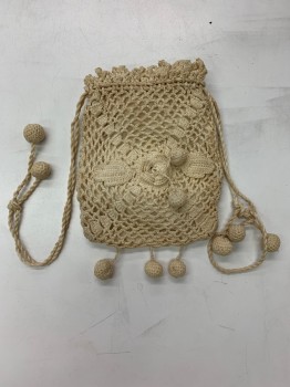 Womens, Purse 1890s-1910s, N/L, Cream, Cotton, Floral, *Aged/Distressed* Braided Floral, Ball Fringe, Drawstring