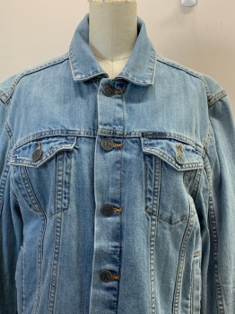 CALVIN KLEIN, Lt Blue, Cotton, Solid, L/S, Button Front, Collar Attached, Chest And Side Pockets