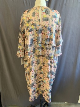 ELOQUII, Pale Pink Poly Chiffon Round Neck, 2 Tiered Ruffled Sleeves And Bust, Keyhole Back, Light Blue, Yellow, And Black Abstract Floral PrintDetails Lined, Multiple
