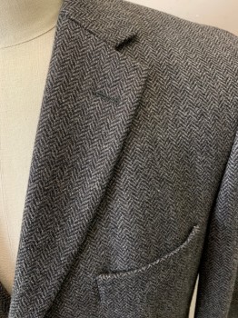 BOSS, Gray, Black, Wool, Nylon, Herringbone, Single Breasted, 3 Buttons, Notched Lapel, 3 Pockets, 2 Back Vents,