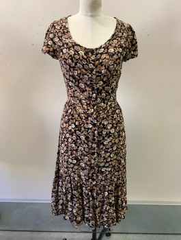 CHRISTY DAWN, Black, Beige, Taupe, Rayon, Floral, Crepe, Cap Sleeves, Scoop Neck, Button Front, Knee Length, Ruffle at Hem, 90's Inspired
