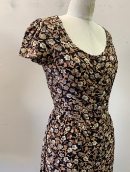 CHRISTY DAWN, Black, Beige, Taupe, Rayon, Floral, Crepe, Cap Sleeves, Scoop Neck, Button Front, Knee Length, Ruffle at Hem, 90's Inspired