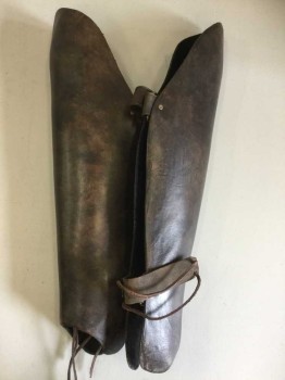 Unisex, Historical Fiction Greaves, NO LABEL, Brown, Leather, Aged Leather W/ Brown Leather Straps, Bronze Metal Buckles