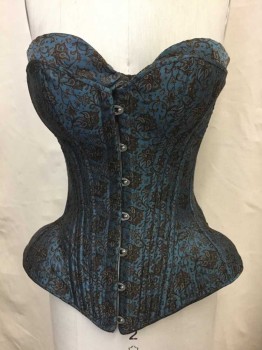 Womens, Corset 1890s-1910s, MTO, Blue, Tan Brown, Brown, Silk, Cotton, Floral, 24+W, 30+B, 34+H, 3 Piece, 2 Piece Corset With Bra, Metal Busk Center Front, Lacing Center Back, Quilted Hips