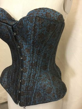 Womens, Corset 1890s-1910s, MTO, Blue, Tan Brown, Brown, Silk, Cotton, Floral, 24+W, 30+B, 34+H, 3 Piece, 2 Piece Corset With Bra, Metal Busk Center Front, Lacing Center Back, Quilted Hips