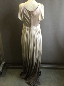 Cream, Champagne, Taupe, Silk, Solid, Silk Jersey, Scoop Neck, Slit Short Sleeve, Satin Bodice Foundation For Heavily Gathered,Full Length, Ombre Skirt, Athena, Goddess