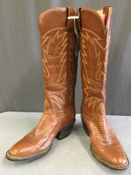 Womens, Cowboy Boots, N/L, Sienna Brown, Tan Brown, Leather, Geometric, Reptile/Snakeskin, 7, Reptile Vamp and Crown, 1 1/2" Stack Heel, Tall Quarters with Traditional Stitching