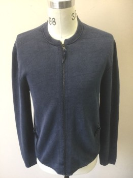 JOHN VARVATOS, Navy Blue, Cotton, Solid, Knit, Long Sleeves, Zip Front, Bumpier Texture Knit at Shoulders, Sleeve Outseam, and Around Zipper Placket and 2 Zip Pockets