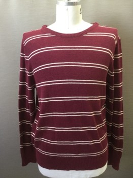 J. CREW, Cranberry Red, White, Cotton, Wool, Stripes - Horizontal , L/S, Ribbed Knit Scoop Neck/Waistband/Cuff