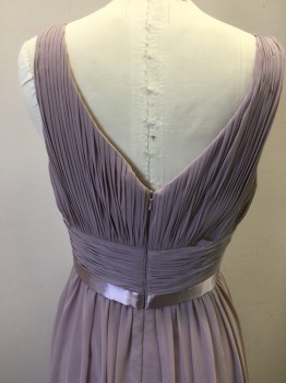 CINDERELLA DIVINE, Mauve Pink, Polyester, Solid, Chiffon, Sleeveless, V-neck, Finely Pleated Bust & Empire Waistband, 1" Wide Mauve Satin Band at Waist, Invisible Zipper at Center Back, Floor Length Hem