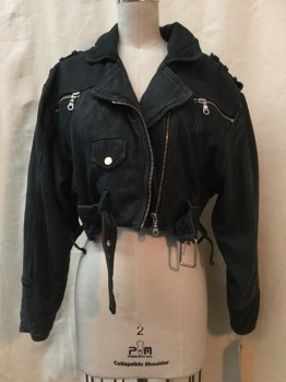 Womens, Leather Jacket, CARMAR, Faded Black, Leather, Solid, 34, Faded Black, Biker Style, Notched Lapel, Zip Front, Lace Up Sides, Cropped, Zipper Detail