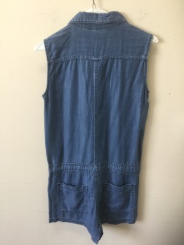 Womens, Romper, & DENIM H&M, Blue, Lyocell, Solid, 2, 6 Patch Pockets, Button Front, Drawstring Waistband, Sleeveless,