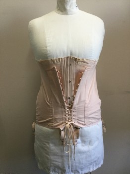 Womens, Corset 1890s-1910s, N/L, Peachy Pink, Cotton, Solid, W34+, B44+, H44+, Peach-pink with Light Peach Trim Top, Garter Straps, Busk Hook Front, Lace Up at the Bottom, Elastic Underneath, Missing a Piece Center Front to Hooks