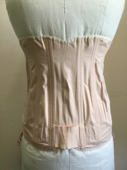 Womens, Corset 1890s-1910s, N/L, Peachy Pink, Cotton, Solid, W34+, B44+, H44+, Peach-pink with Light Peach Trim Top, Garter Straps, Busk Hook Front, Lace Up at the Bottom, Elastic Underneath, Missing a Piece Center Front to Hooks