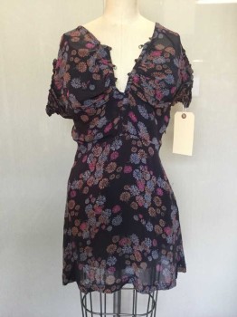 FREE PEOPLE, Slate Gray, Magenta Purple, Brown, Blue, Rayon, Cotton, Floral, Floral Print, V-neck, Lace Up Bust, Short Sleeve with Ruffle Trim, Scoop Back with Criss Cross Straps, ***Slate Gray Slip,