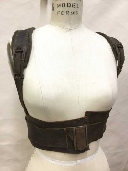 Unisex, Sci-Fi/Fantasy Harness, MTO, Brown, Olive Green, Leather, Cotton, Solid, S, High Wide Waist Belt, Criss Cross Back Straps, Rough Hand Stitching and Found Harware
