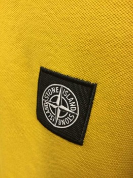 STONE ISLAND, Yellow, White, Black, Cotton, Spandex, Solid, Pique Jersey, Short Sleeve,  Collar Attached, 2 White Accent Stripes On Collar, Cuffs, 2 Buttons At Neck, Black Square Patch with "Stone Island" Logo On Chest