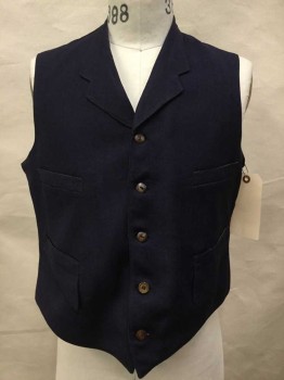 Mens, Vest, N/L, Navy Blue, Wool, Solid, Ch 40, Notch Lapel, 4 Pockets, Creme Lining with Gray Pin Stripes, Button Front,