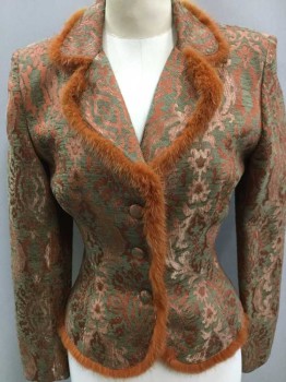 Womens, 1990s Vintage, Suit, Jacket, KAY UNGER, Terracotta Brown, Olive Green, Acetate, Acrylic, Abstract , 6, Burnout Velvet Brocade, Single Breasted, Orange Faux Fur Trim, 3 Self Fabric Covered Buttons, Rounded Notch Lapel,