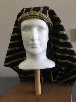 Unisex, Historical Fiction Headpiece, Black, Gold, Turquoise Blue, Red, Royal Blue, Silk, Metallic/Metal, Stripes, Black and Gold Nemis Attached To Gold Crown, Missing Hood Ornament