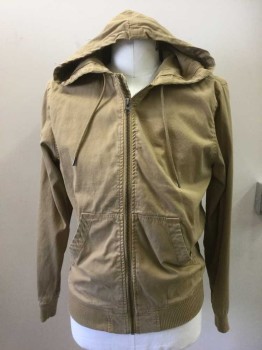H&M, Tobacco Brown, Cotton, Solid, Zip Front, Drawstring Hood Attached, Long Sleeves, 2 Pockets, Ribbed Knit Waistband/Cuff