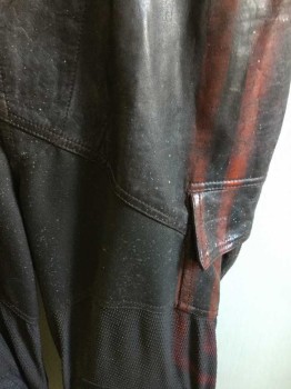 Mens, Sci-Fi/Fantasy Pants, Dk Brown, Red, Leather, Spandex, Solid, 35, Dark Brown Leather, Gortex, And Spandex With Molded Knee Caps, Velcro Flap Pockets Stirrups, Red Spray Painted Side Stripes, Gray Spray Painted Spatters **Has TV Alt at Center Back Waist