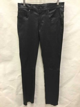 Womens, Leather Pants, J.BRAND, Black, Leather, Polyester, Solid, 31, Black Smooth Lamb Leather, Jean-cut, Zip Front, 1 Snap Front