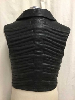 Mens, Vest, MTO, Black, Leather, Solid, 36, Elephant Hide Texture, Asymmetrical Zipper, Exaggerated Collar, Quilted Sides and Back Look Kind of Like Ribs