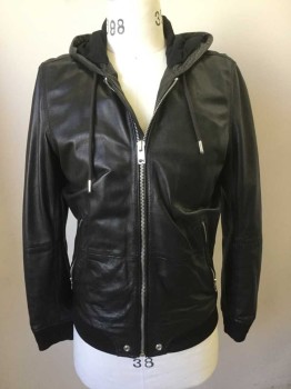 SUPERIOR, Black, Leather, Cotton, Solid, Black Leather Jacket with Hood & Zip Front and 2 Zip Pockets. Nylon Rib Knit Cuffs & Waist Band