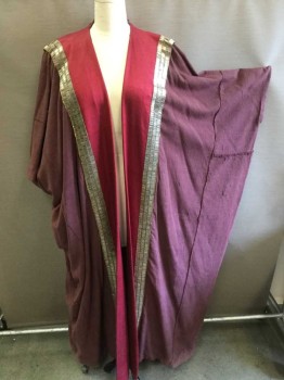 MTO, Red, Plum Purple, Gold, Cotton, Silk, Solid, Pieced Together Rectangles of Plum Cotton for the Body of the Robe, Red Silk Down Center Front, Antique Gold Metal Pieces Framing the Red Silk, Biblical Robe, Ancient Times