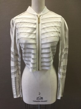 BEBE, Bone White, Leather, Synthetic, Stripes - Vertical , Patchwork, Stripes of Bone White Leather in Between Sheer Net, Long Sleeves, Zip Front, Band Collar, Zippers at Cuffs, Stripes are Horizontal in Front, Chevron in Back, in Assorted Directions on Sleeves
