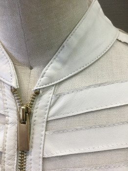 Womens, Sci-Fi/Fantasy Jacket, BEBE, Bone White, Leather, Synthetic, Stripes - Vertical , Patchwork, XS, Stripes of Bone White Leather in Between Sheer Net, Long Sleeves, Zip Front, Band Collar, Zippers at Cuffs, Stripes are Horizontal in Front, Chevron in Back, in Assorted Directions on Sleeves