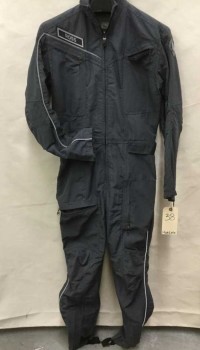 Mens, Jumpsuit, MUTO LITTLE, Graphite Gray, Black, Silver, Nylon, Solid, 38, Ripstop, Zip Front, Zip Pocket, Zip Cuffs with Stitched Trim Detail, Knee Darts, Reflective Silver Piping, Elastic Stirrups, Velcro Waist Belt, Black and Silver Rubber Patch Left Shoulder and Name Badge "Ross" Right Chest